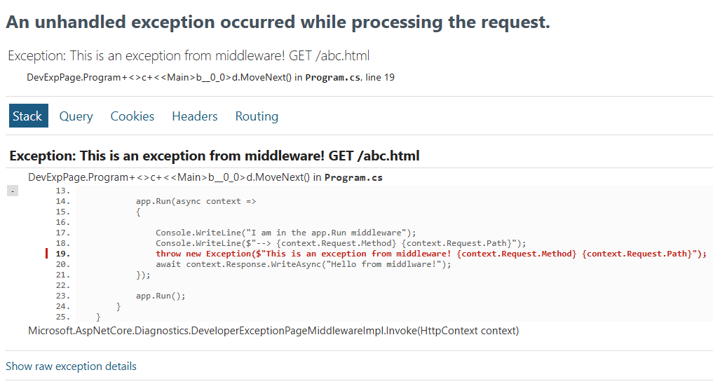 Developer Exception Page